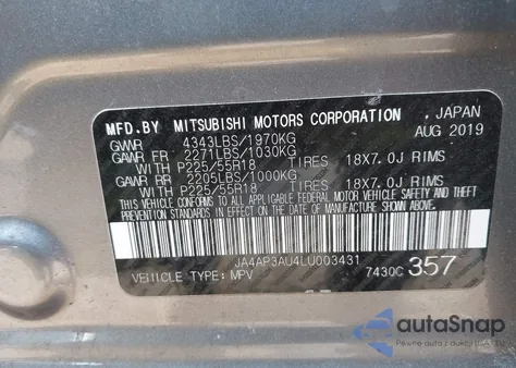 2020 Mitsubishi Outlander Sport 2.0 Es z USA, uszkodzony, nr VIN JA4AP3AU4LU003431